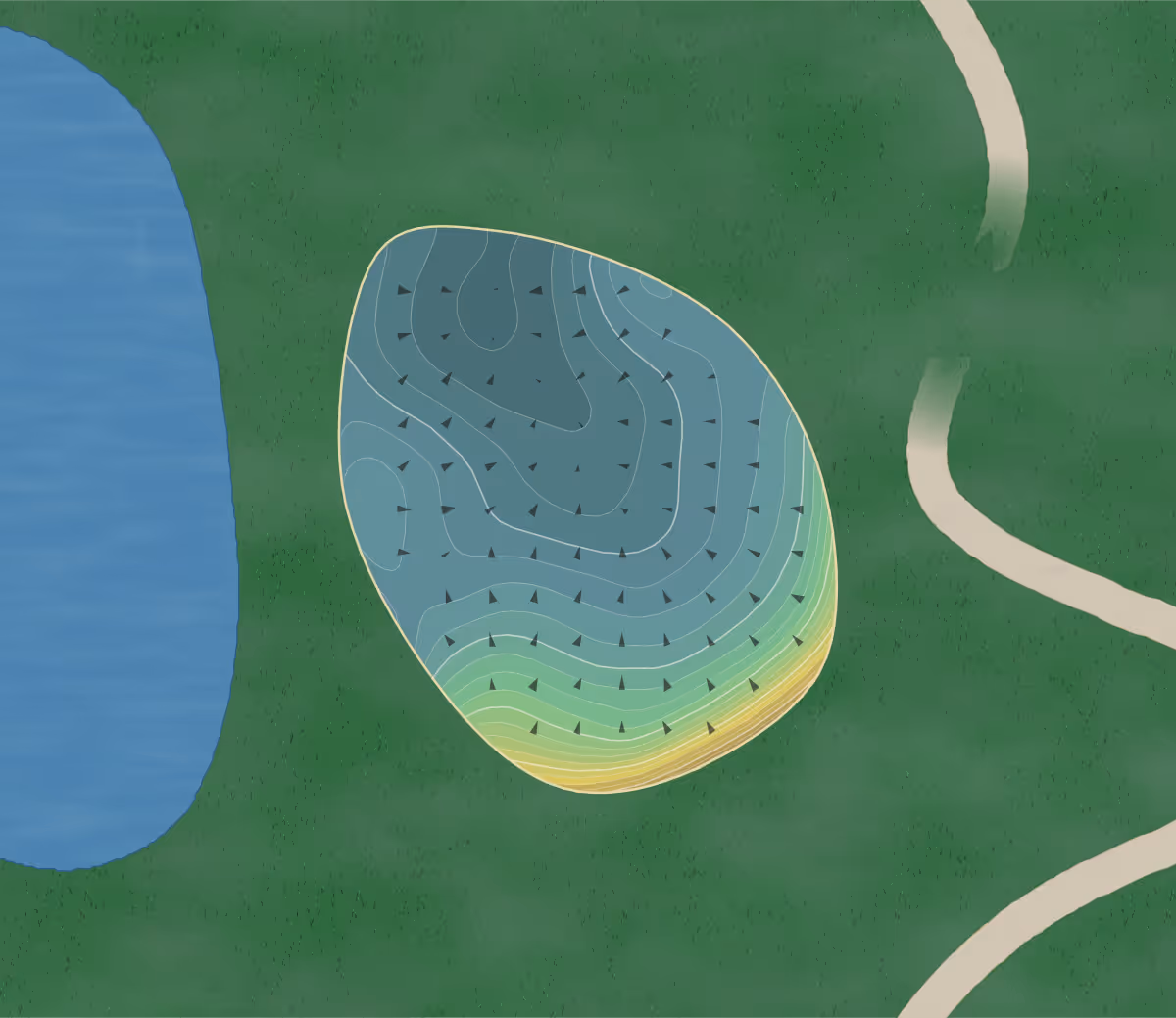 Green contour map of Golf Kyburg in Lindau, Switzerland — 248 elevation contours at a 8-centimeter interval with fall-line arrows, traced from 1-meter lidar
