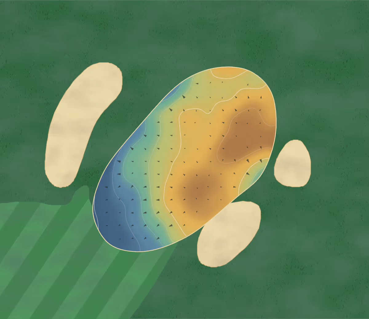 Green contour map of Golf Le Castor in Charlesbourg, Canada: 6 elevation contours at a 8-centimeter interval with fall-line arrows, traced from 1-meter lidar