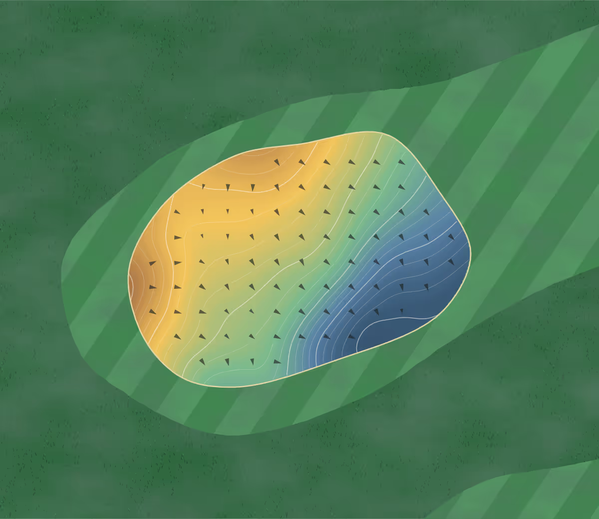Green contour map of Golf Île d'Or in Le Cellier, France — 135 elevation contours at a 8-centimeter interval with fall-line arrows, traced from 1-meter lidar