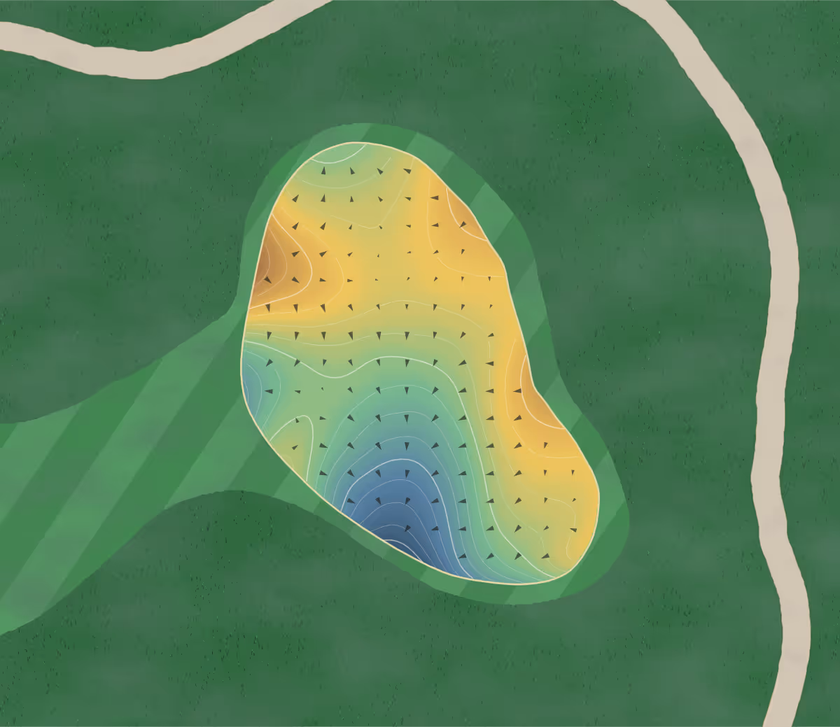 Green contour map of Le Géant in Mont-Tremblant, Canada — 211 elevation contours at a 8-centimeter interval with fall-line arrows, traced from 1-meter lidar
