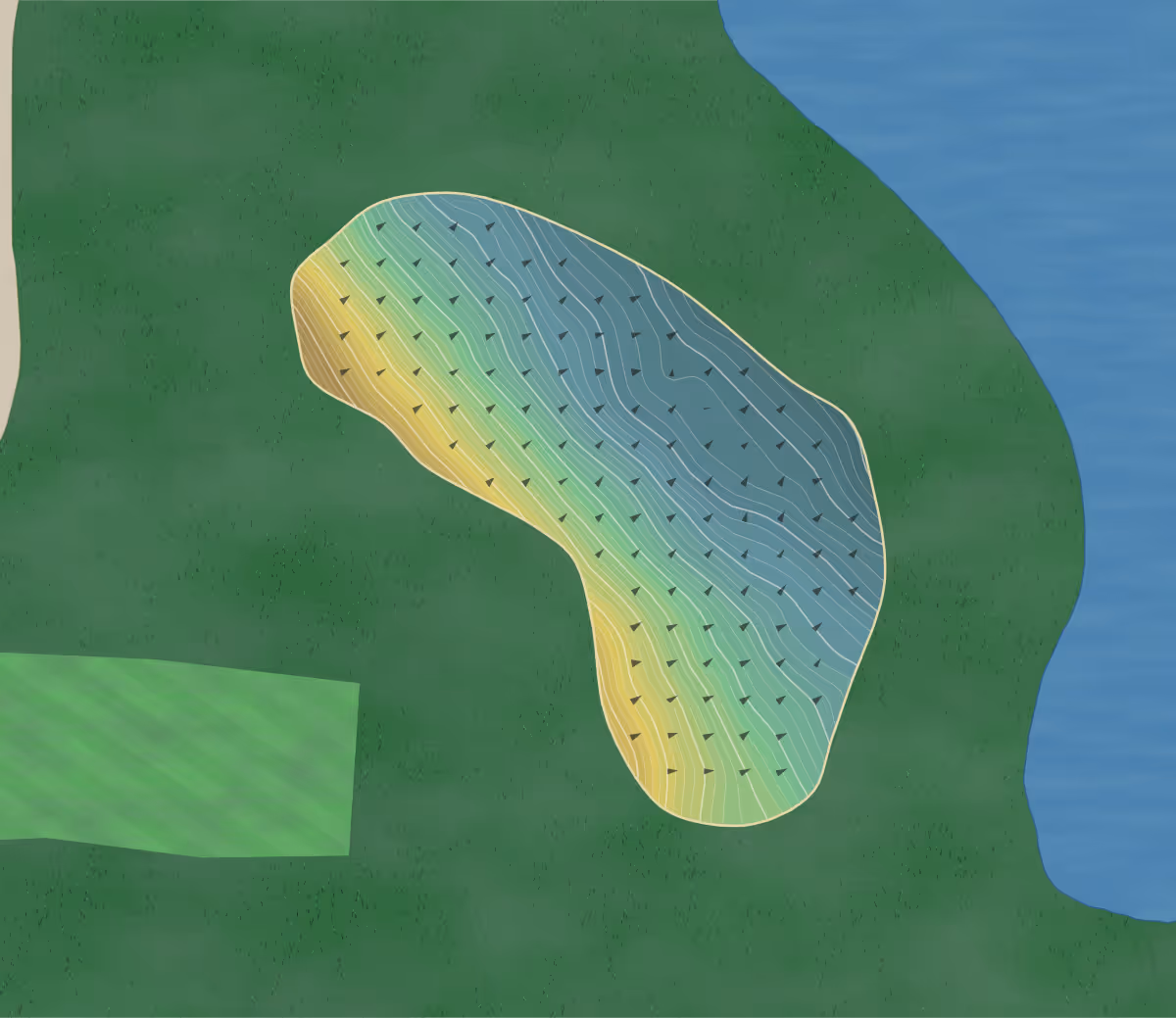 Green contour map of Golf Meggen in Meggen, Switzerland — 388 elevation contours at a 8-centimeter interval with fall-line arrows, traced from 1-meter lidar