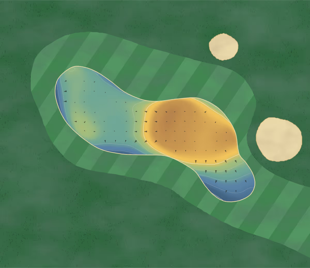 Green contour map of Golf National in Guyancourt, France — 152 elevation contours at a 8-centimeter interval with fall-line arrows, traced from 1-meter lidar