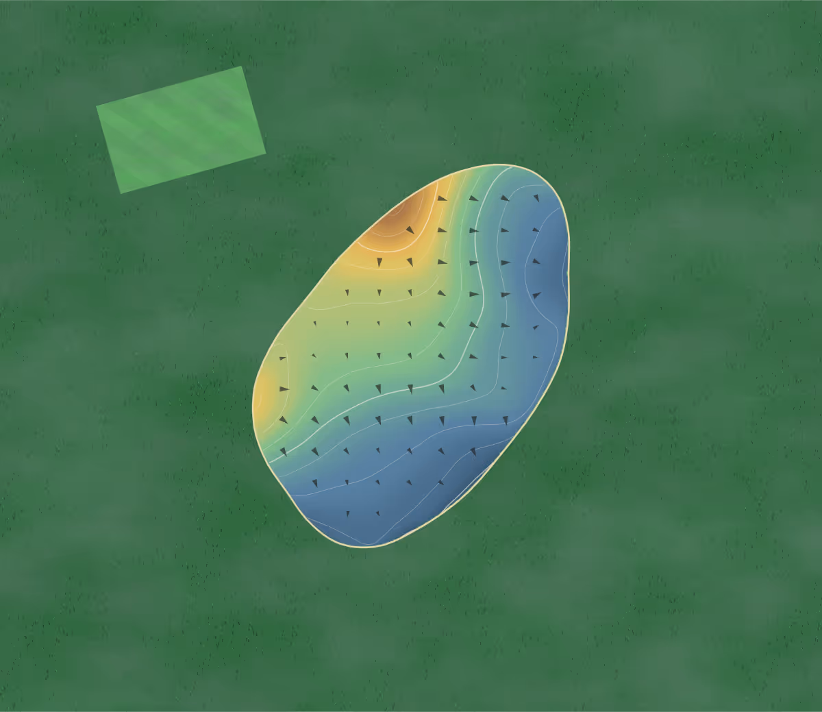 Green contour map of Golf privé du château in Loury, France — 67 elevation contours at a 8-centimeter interval with fall-line arrows, traced from 1-meter lidar