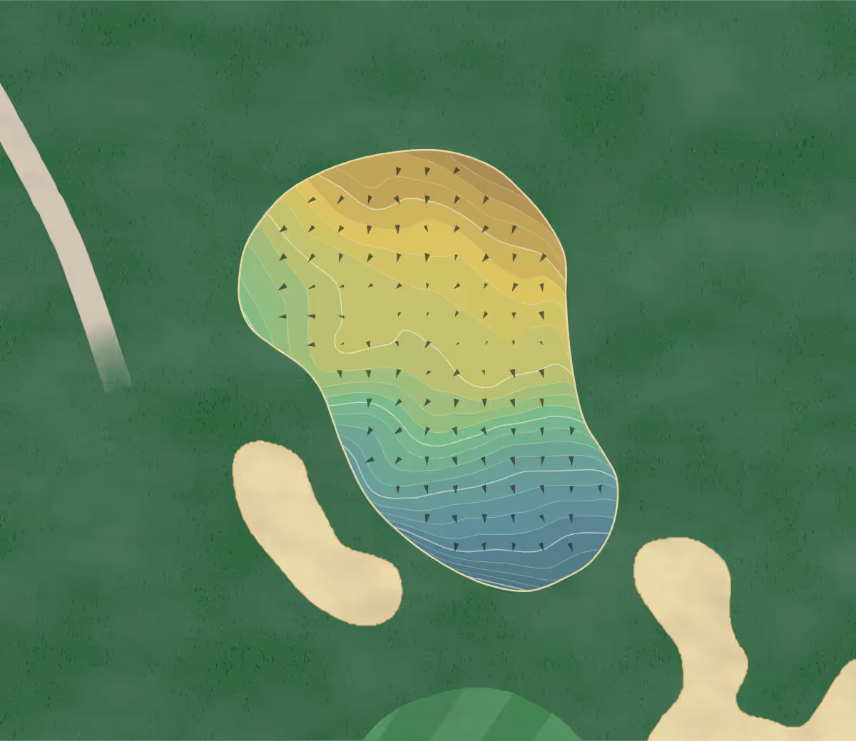 Green contour map of Golf Resort la Gruyère in Pont-la-Ville, Switzerland — 228 elevation contours at a 8-centimeter interval with fall-line arrows, traced from 1-meter lidar