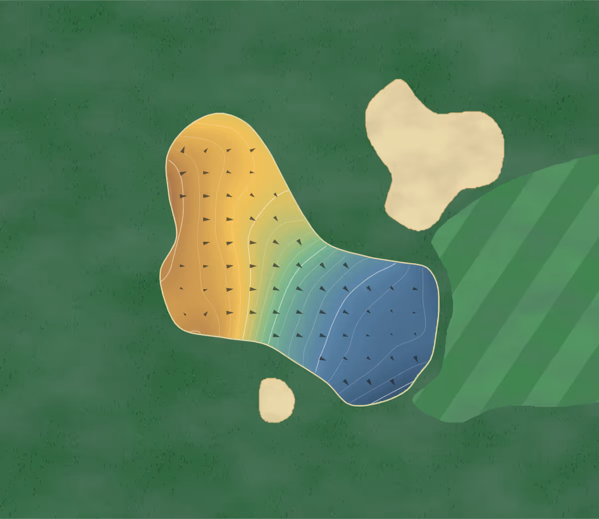 Green contour map of Montpellier Fontcaude in Juvignac, France — 199 elevation contours at a 8-centimeter interval with fall-line arrows, traced from 1-meter lidar