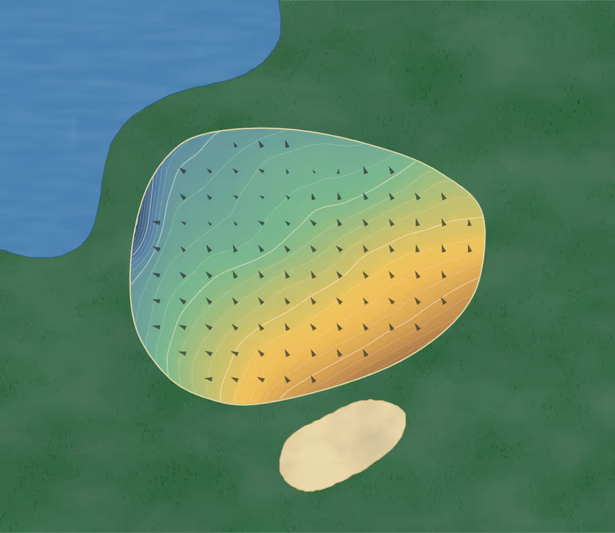 Green contour map of Rivière Beaudette in Rivière-Beaudette, Canada: 157 elevation contours at a 8-centimeter interval with fall-line arrows, traced from 1-meter lidar