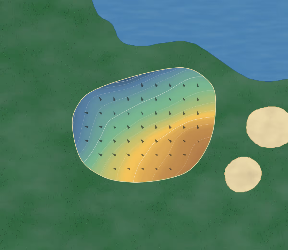 Green contour map of Golf Rougemont in Rougemont, Canada: 99 elevation contours at a 8-centimeter interval with fall-line arrows, traced from 1-meter lidar