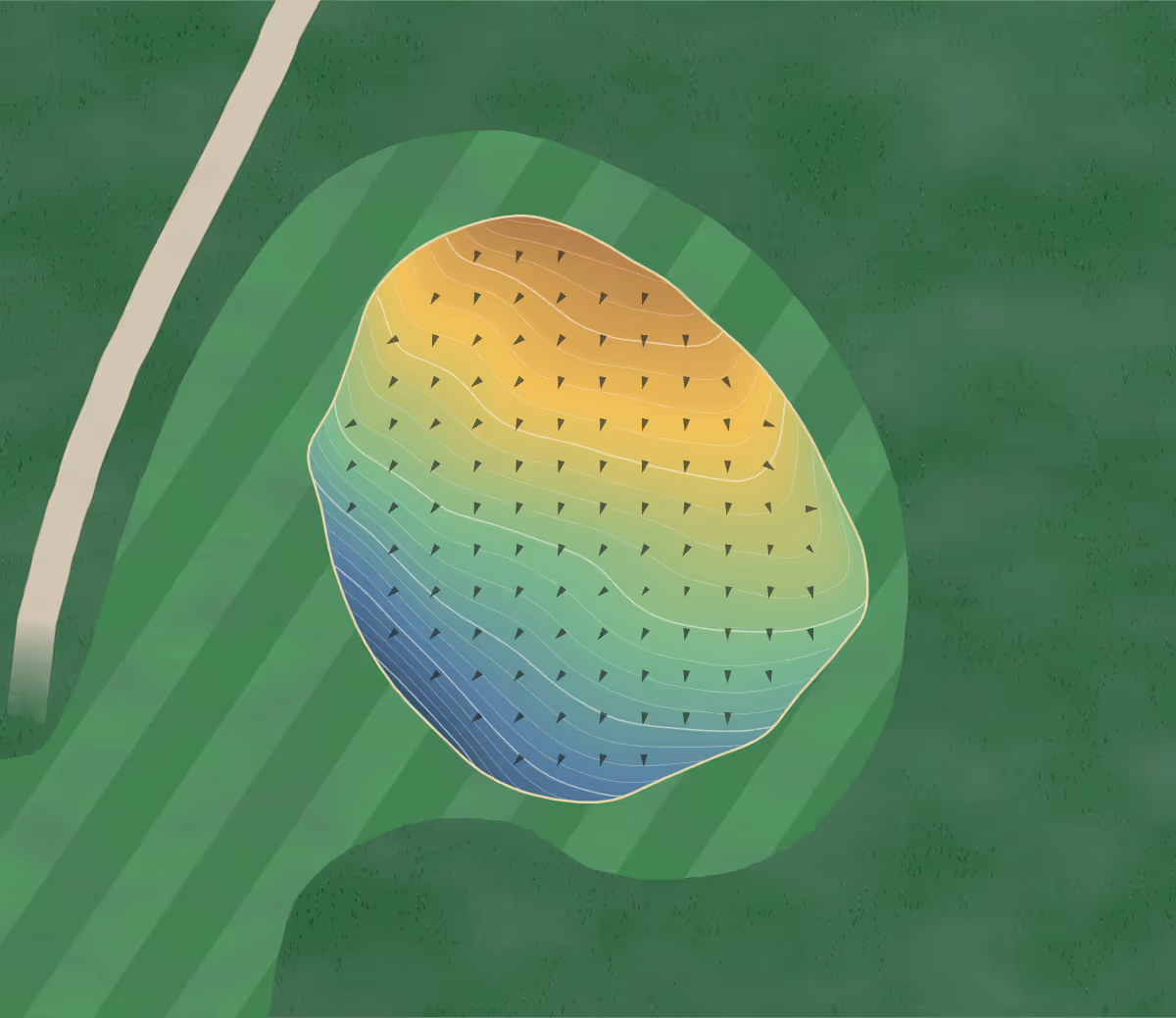 Green contour map of Golf St-Ignace in Saint-Ignace, Canada: 211 elevation contours at a 8-centimeter interval with fall-line arrows, traced from 1-meter lidar