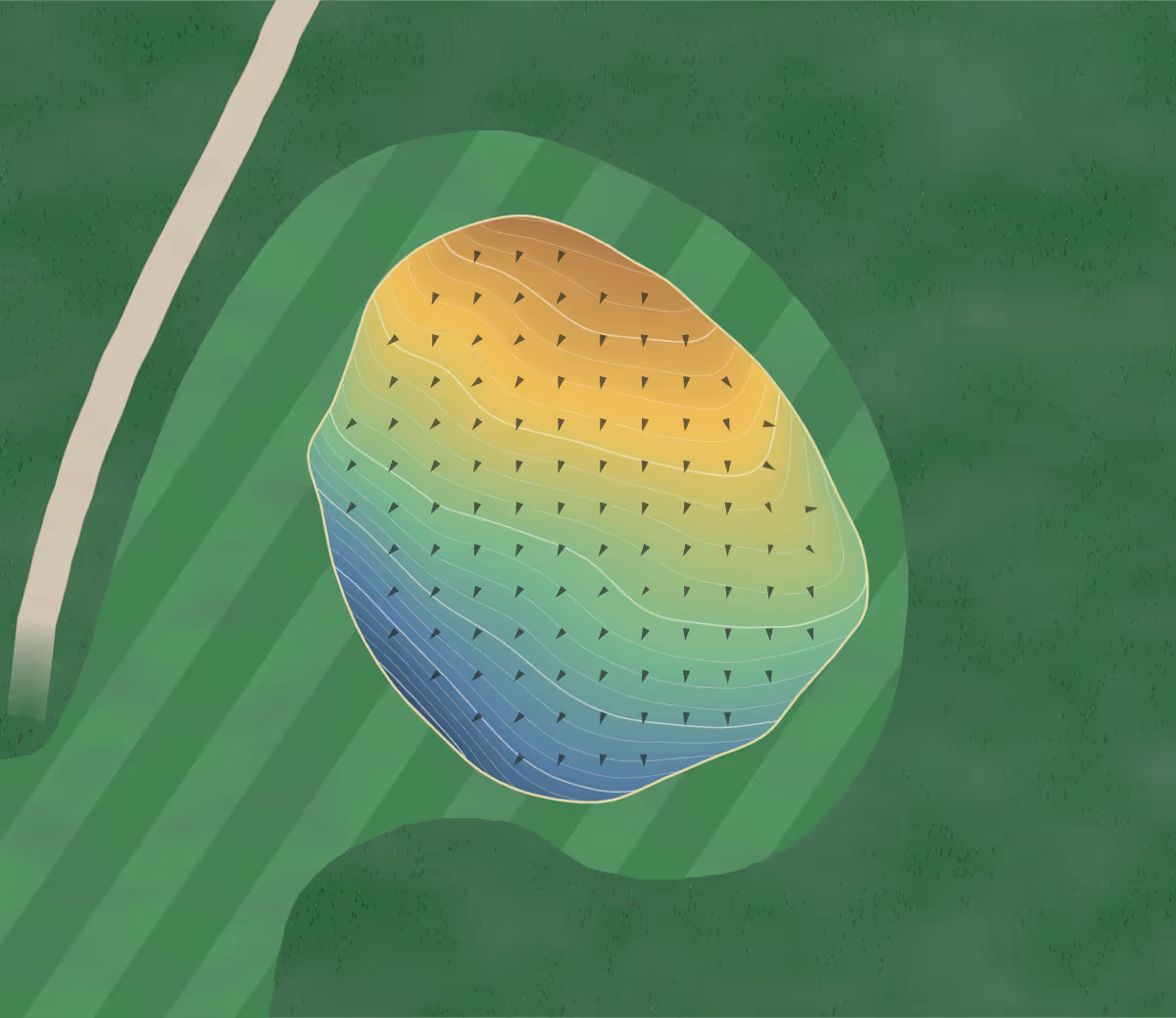Green contour map of St-Ignace in Saint-Ignace, Canada — 207 elevation contours at a 8-centimeter interval with fall-line arrows, traced from 1-meter lidar