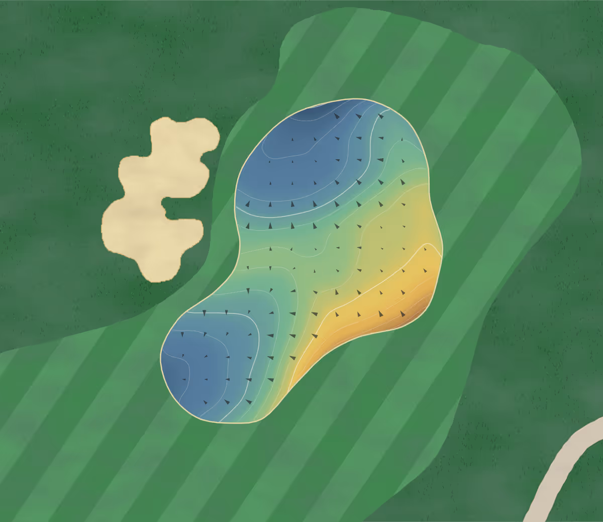 Green contour map of Golf Warehouse in New Zealand — 12 elevation contours at a 8-centimeter interval with fall-line arrows, traced from 1-meter lidar