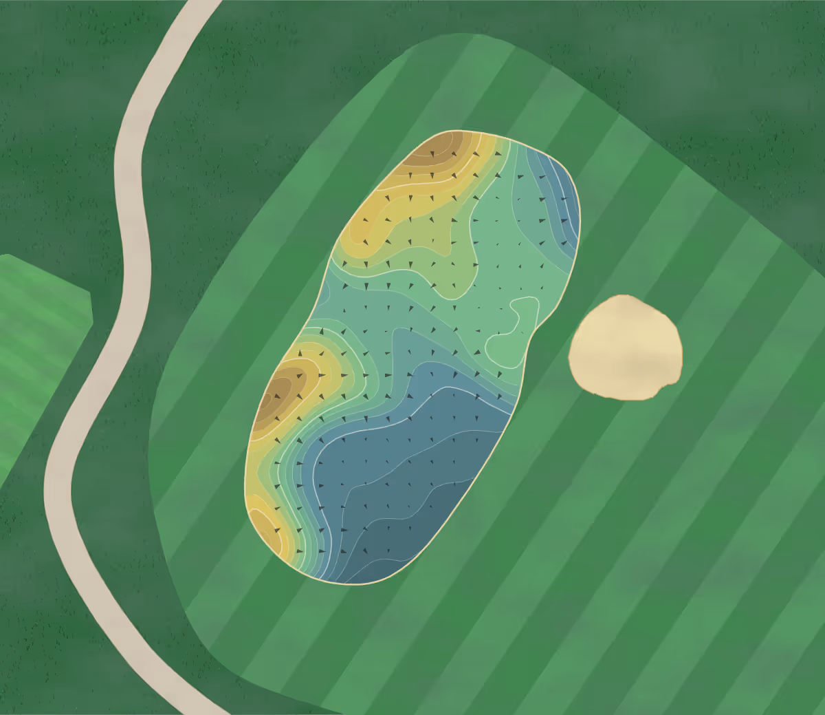 Green contour map of Golfbaan de Kroonprins in NZ Vianen, Netherlands — 335 elevation contours at a 8-centimeter interval with fall-line arrows, traced from 1-meter lidar