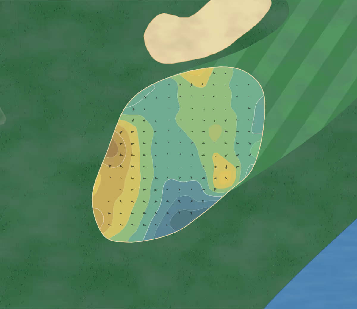 Green contour map of Golfbaan Hitland in BC Nieuwerkerk aan den IJssel, Netherlands — 135 elevation contours at a 8-centimeter interval with fall-line arrows, traced from 1-meter lidar