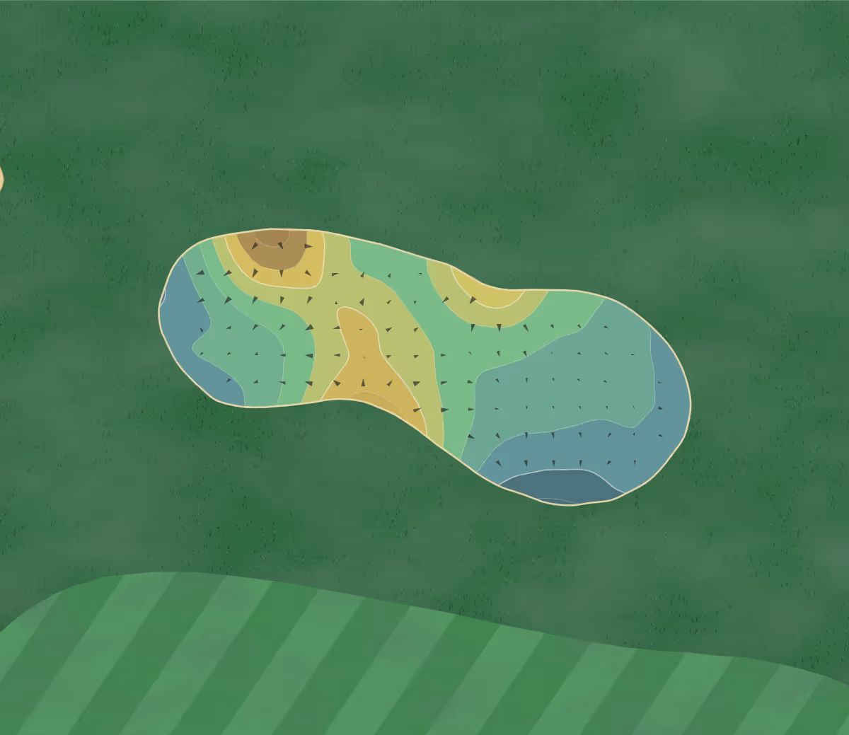 Green contour map of Golfbaan Kromme Rijn in HP Bunnik, Netherlands — 90 elevation contours at a 8-centimeter interval with fall-line arrows, traced from 1-meter lidar
