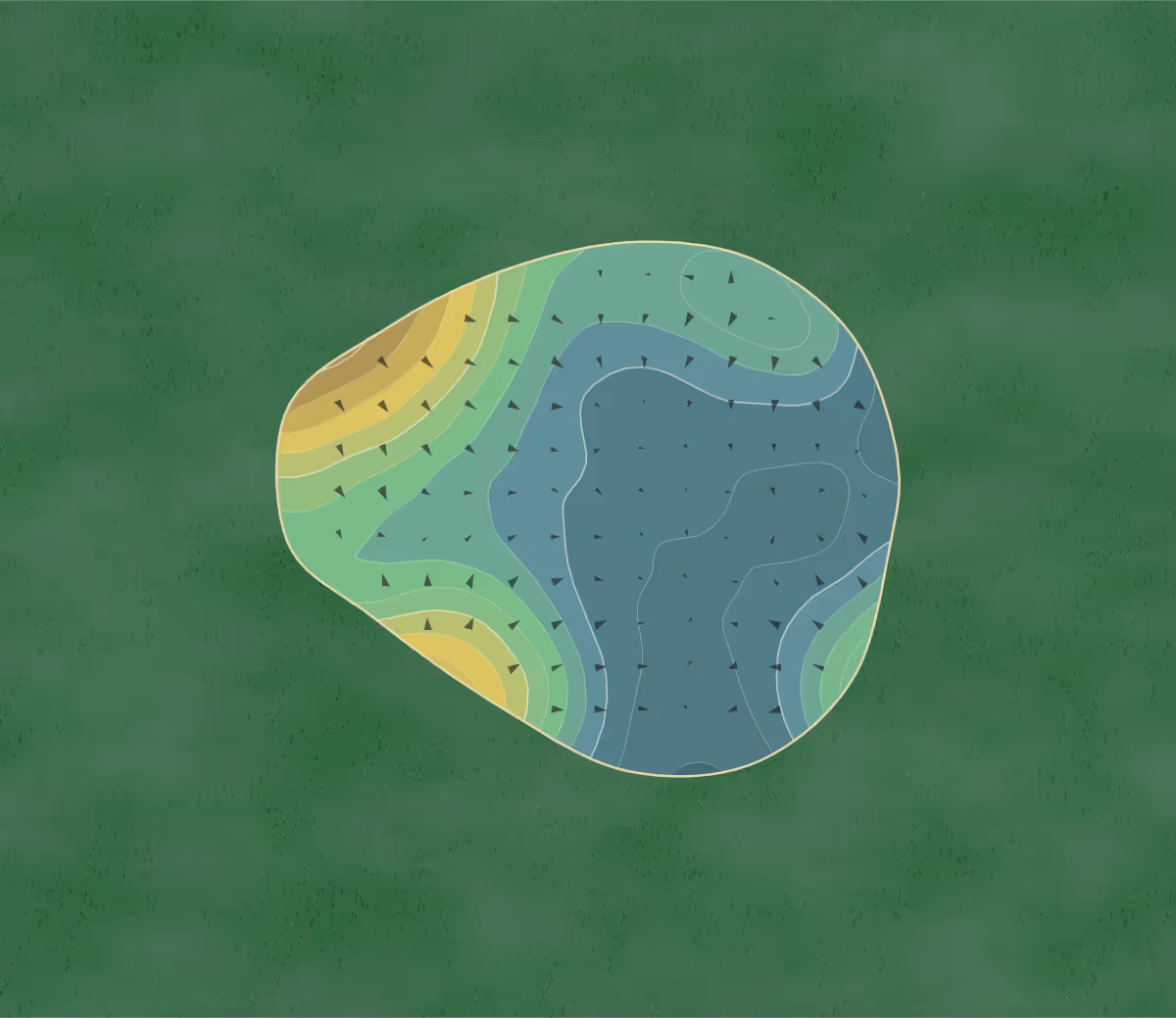 Green contour map of Golfcentrum Dongen in NM Dongen, Netherlands — 104 elevation contours at a 8-centimeter interval with fall-line arrows, traced from 1-meter lidar
