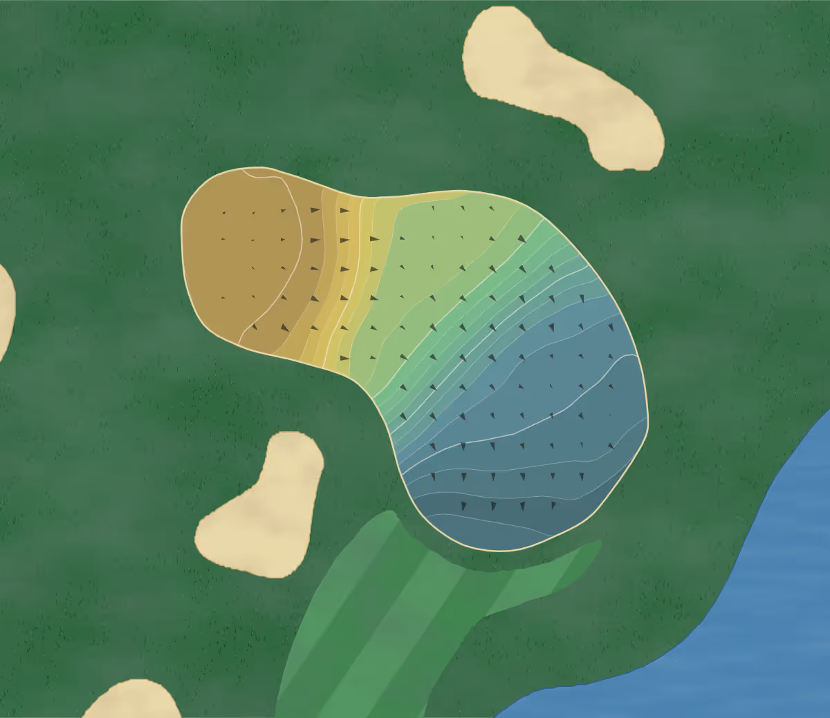 Green contour map of Golfclub De Berendock in LN Wijchen, Netherlands — 178 elevation contours at a 8-centimeter interval with fall-line arrows, traced from 1-meter lidar