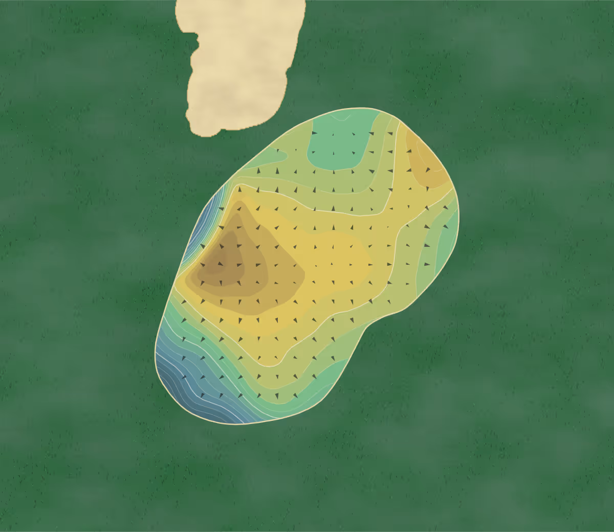 Green contour map of Golfclub de Dommel in NC Sint-Michielsgestel, Netherlands — 158 elevation contours at a 8-centimeter interval with fall-line arrows, traced from 1-meter lidar