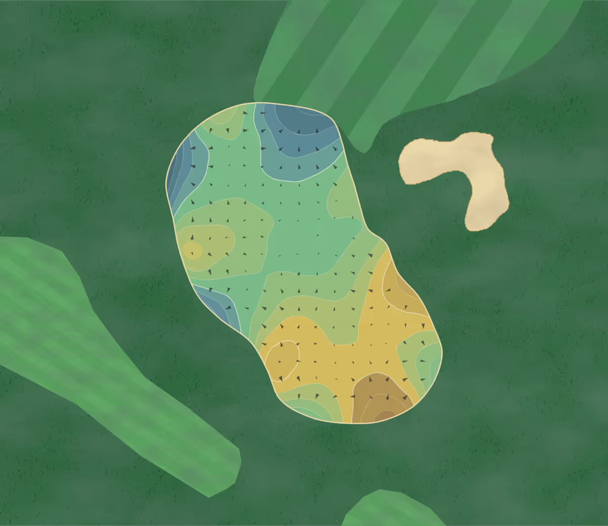 Green contour map of Golfclub De Haverleij in BC 's-Hertogenbosch, Netherlands — 170 elevation contours at a 8-centimeter interval with fall-line arrows, traced from 1-meter lidar
