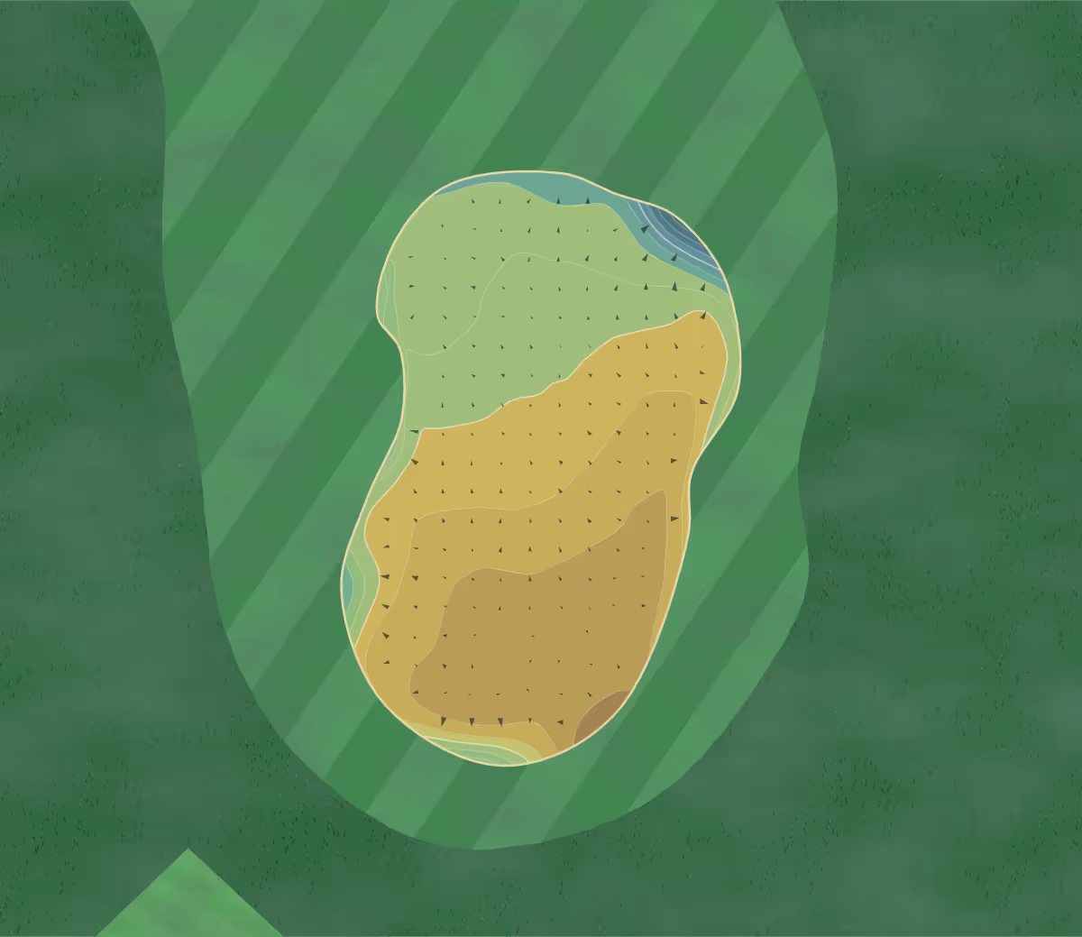 Green contour map of Golfclub De Hoge Kleij in RZ Leusden, Netherlands — 170 elevation contours at a 8-centimeter interval with fall-line arrows, traced from 1-meter lidar