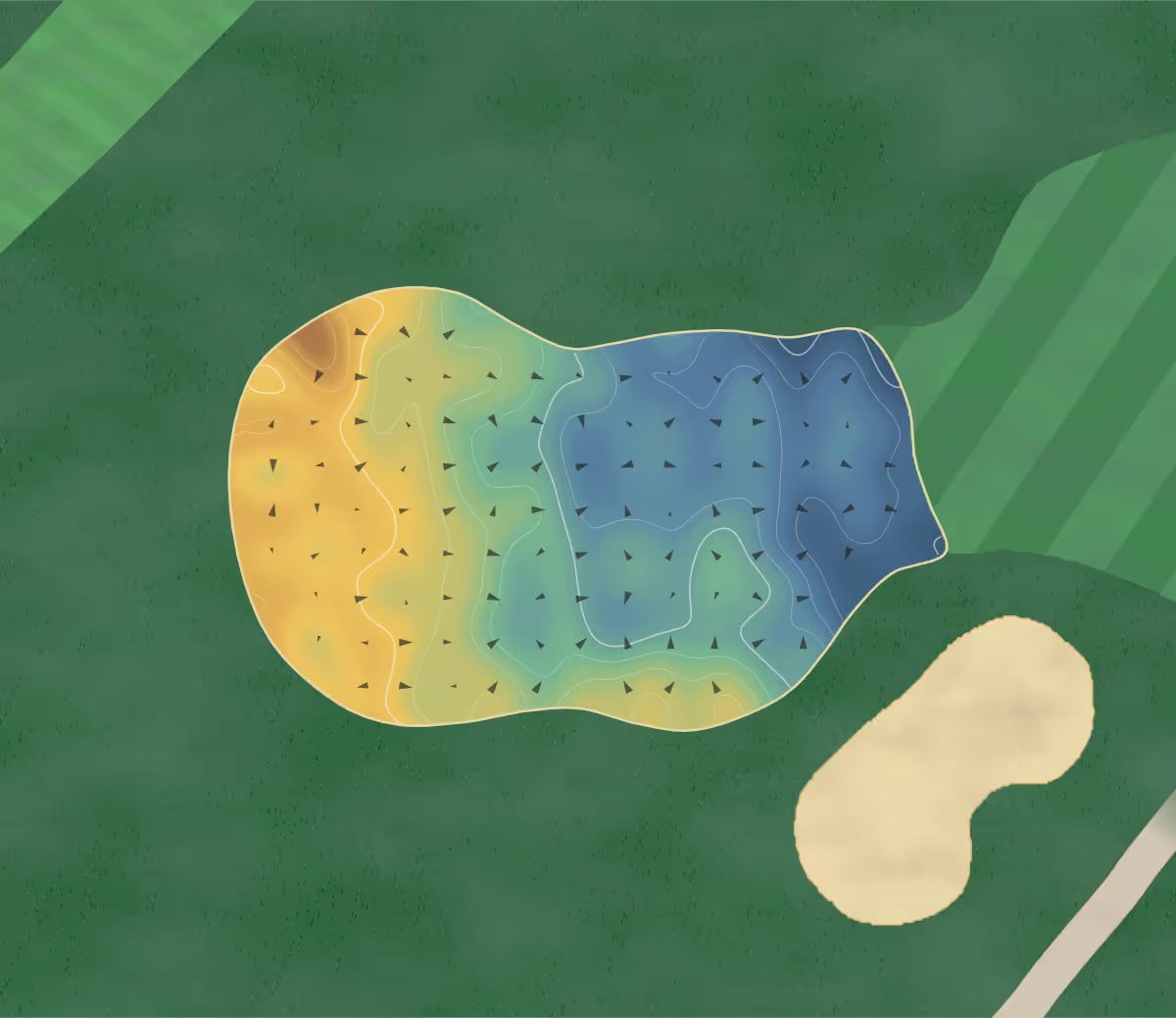 Green contour map of Golfclub Domat/Ems in Domat/Ems, Switzerland — 11 elevation contours at a 8-centimeter interval with fall-line arrows, traced from 1-meter lidar