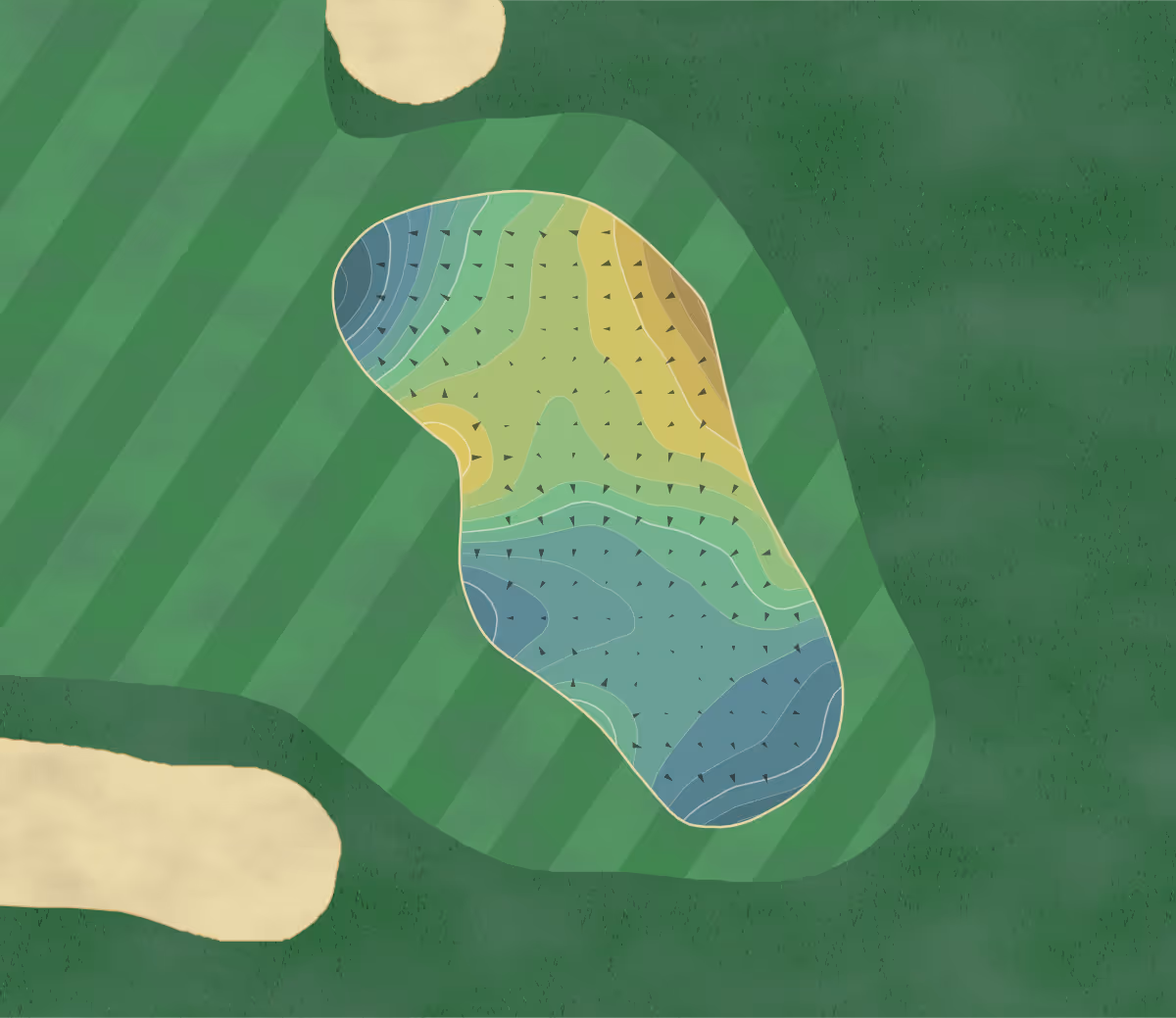 Green contour map of Golfclub Emmeloord in AN Emmeloord, Netherlands — 130 elevation contours at a 8-centimeter interval with fall-line arrows, traced from 1-meter lidar