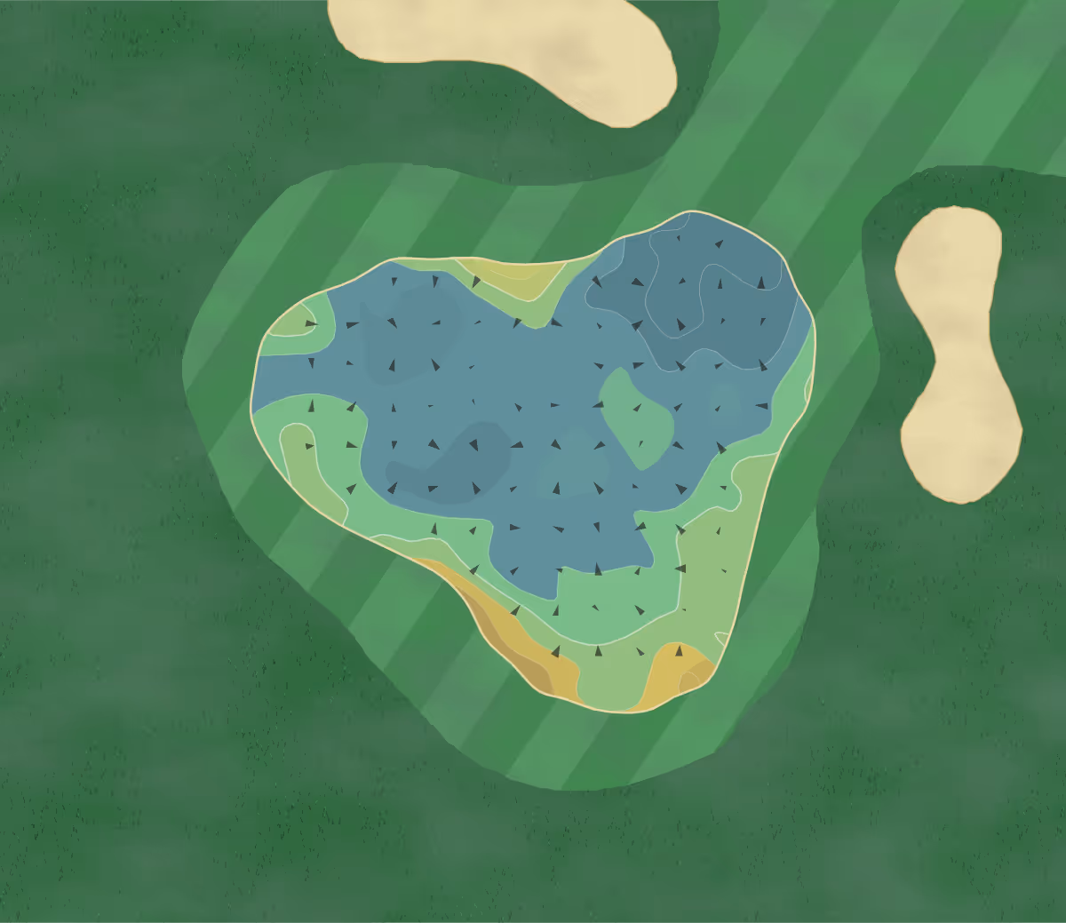 Green contour map of Golfclub Heidental in Stüsslingen, Switzerland — 209 elevation contours at a 8-centimeter interval with fall-line arrows, traced from 1-meter lidar