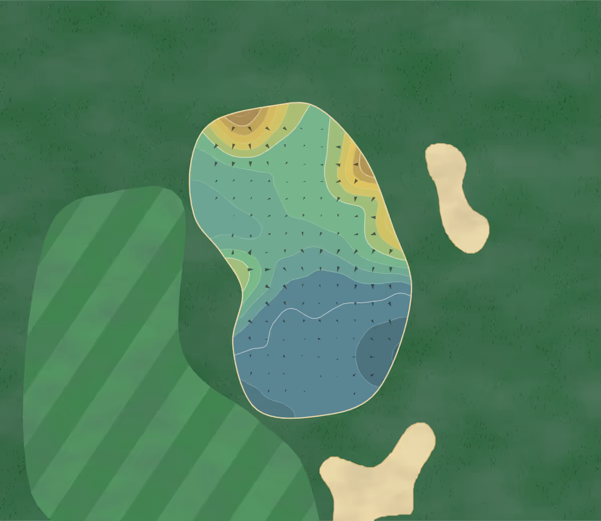 Green contour map of Golfclub Houtrak in NB Halfweg, Netherlands — 182 elevation contours at a 8-centimeter interval with fall-line arrows, traced from 1-meter lidar