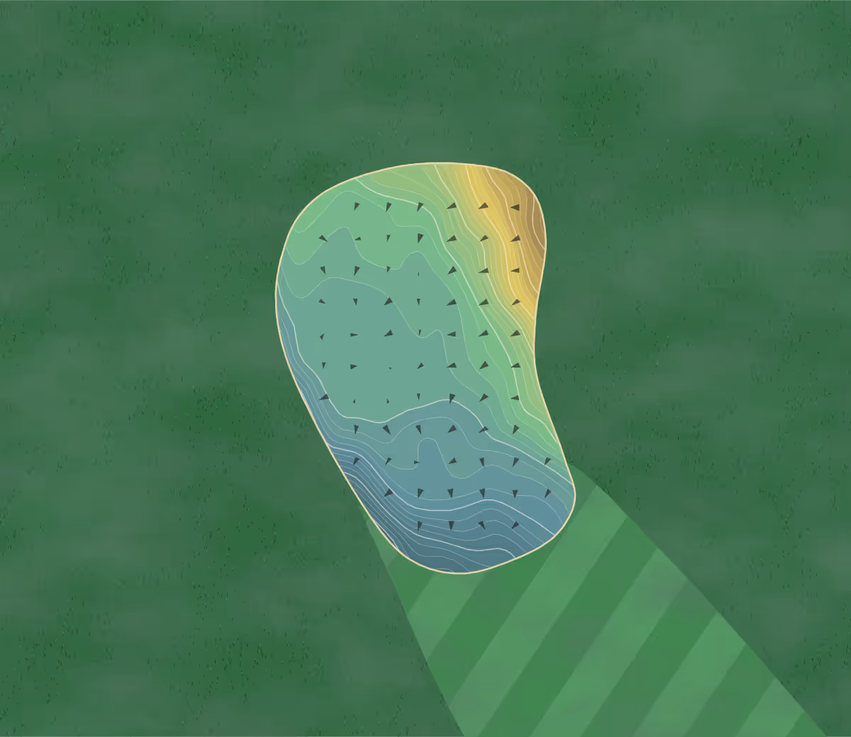 Green contour map of Golfclub Lenzerheide in Lantsch/Lenz, Switzerland — 220 elevation contours at a 8-centimeter interval with fall-line arrows, traced from 1-meter lidar