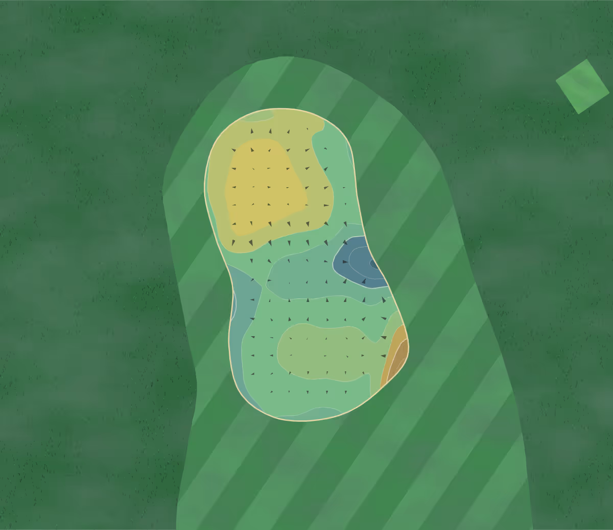 Green contour map of Golfclub Putten in PE Putten, Netherlands — 52 elevation contours at a 8-centimeter interval with fall-line arrows, traced from 1-meter lidar