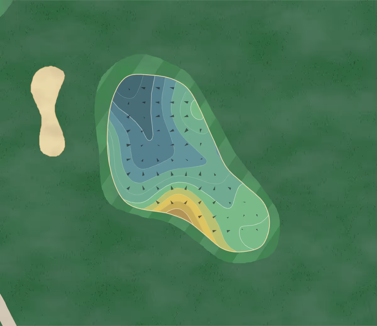 Green contour map of Schloss Goldenberg in Golfclub Schloss Goldenberg, Switzerland — 173 elevation contours at a 8-centimeter interval with fall-line arrows, traced from 1-meter lidar