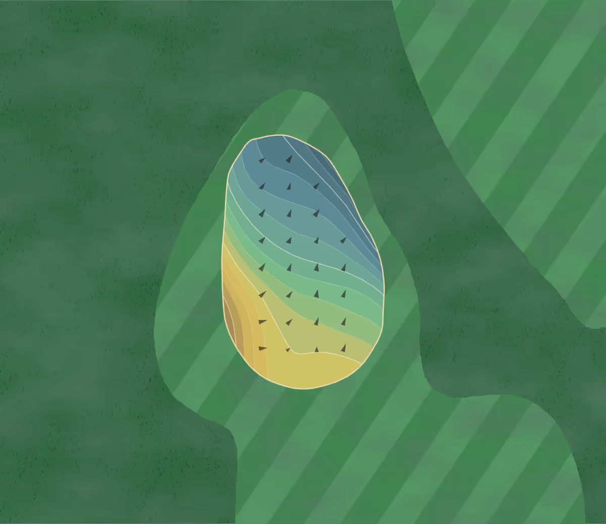 Green contour map of Golfclub Sedrun in Tujetsch, Switzerland — 92 elevation contours at a 8-centimeter interval with fall-line arrows, traced from 1-meter lidar