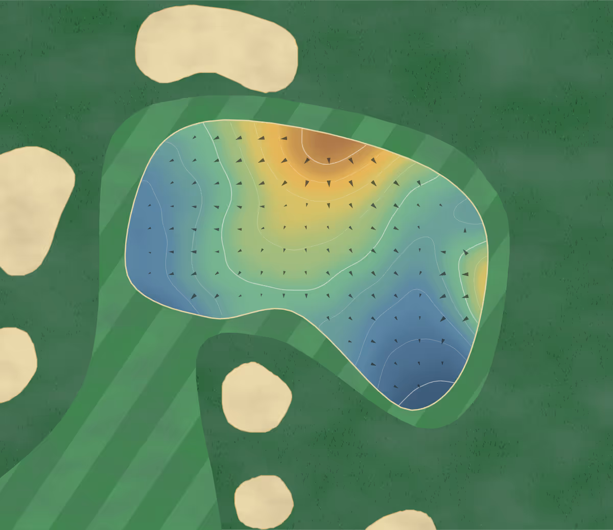 Green contour map of Golfclub Soufflenheim in Soufflenheim, France — 110 elevation contours at a 8-centimeter interval with fall-line arrows, traced from 1-meter lidar