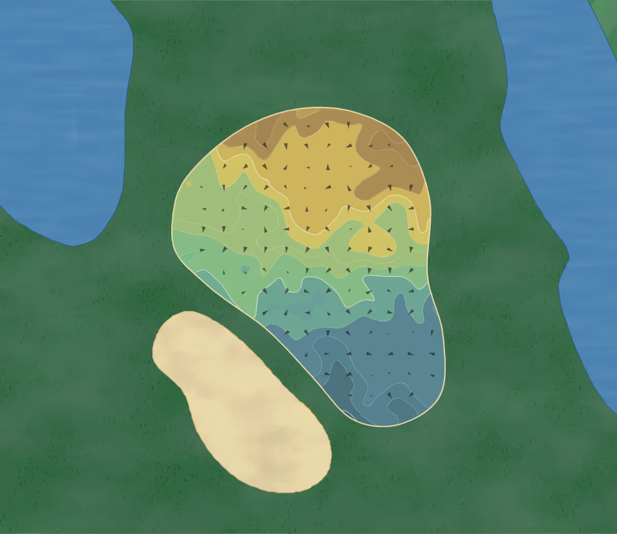 Green contour map of Golfcourse Samedan in Samedan, Switzerland — 140 elevation contours at a 8-centimeter interval with fall-line arrows, traced from 1-meter lidar