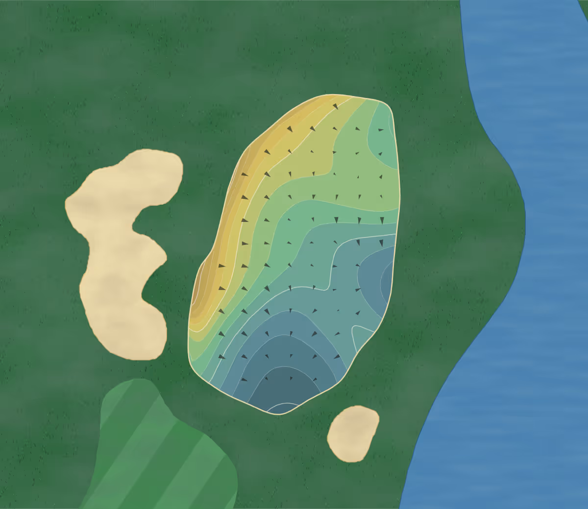 Green contour map of Golfcrest Cc in Pearland, Texas — 129 elevation contours at a 3-inch interval with fall-line arrows, traced from 1-meter lidar