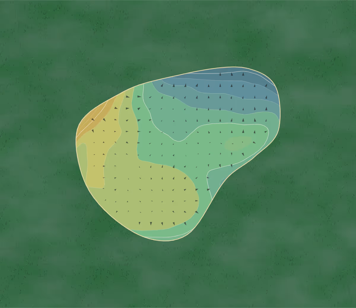 Green contour map of Golfparc Sandur in AL Emmen, Netherlands — 62 elevation contours at a 8-centimeter interval with fall-line arrows, traced from 1-meter lidar