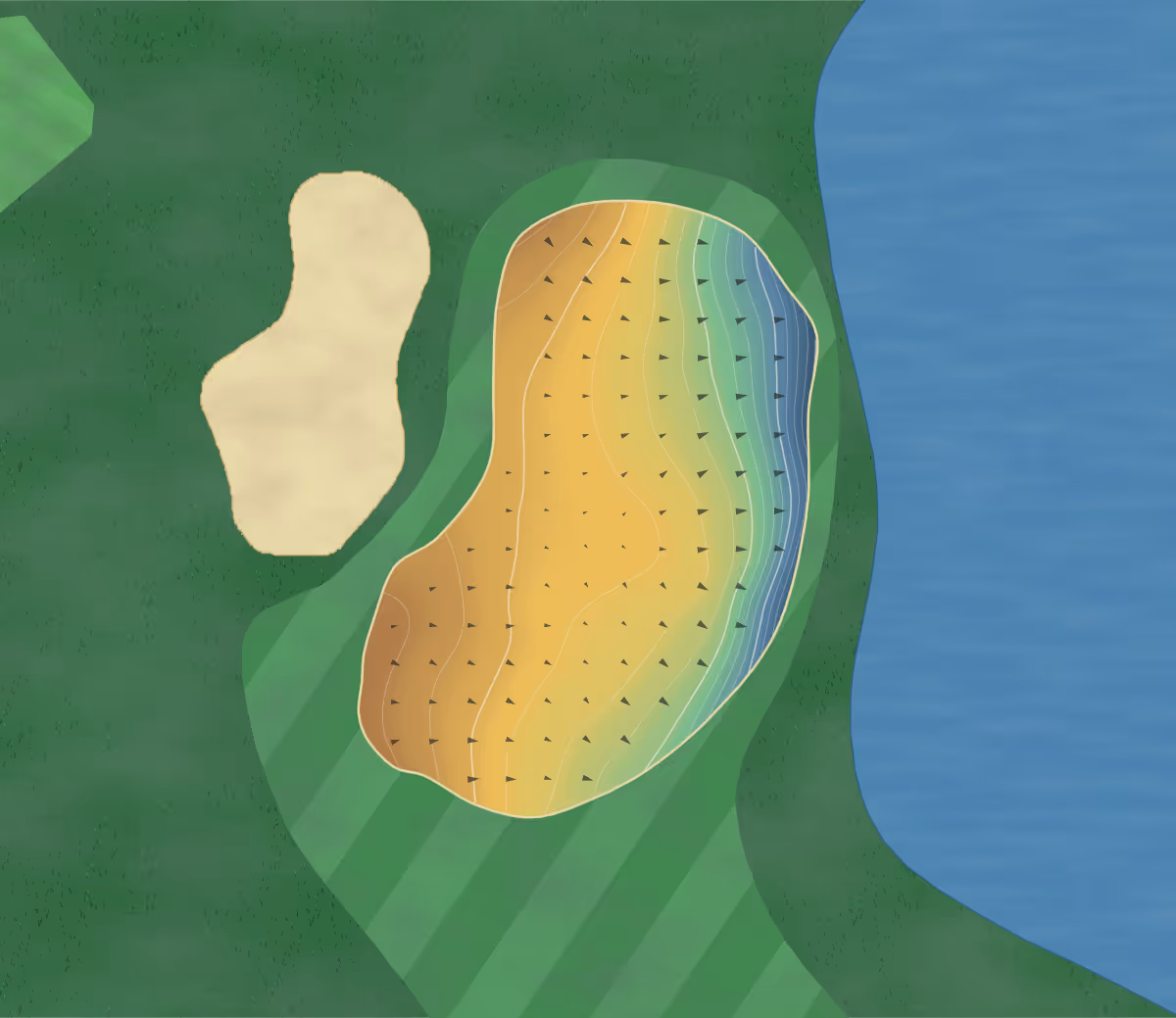 Green contour map of Golfpark Moossee in Münchenbuchsee, Switzerland — 155 elevation contours at a 8-centimeter interval with fall-line arrows, traced from 1-meter lidar