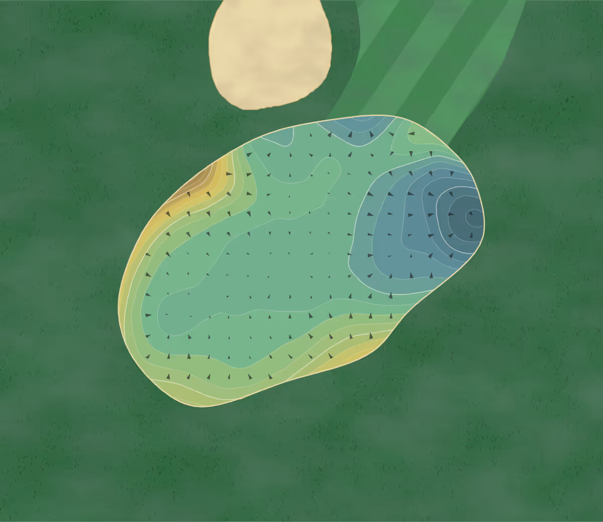 Green contour map of Golfsociëteit De Lage in BS Den Dolder, Netherlands — 316 elevation contours at a 8-centimeter interval with fall-line arrows, traced from 1-meter lidar