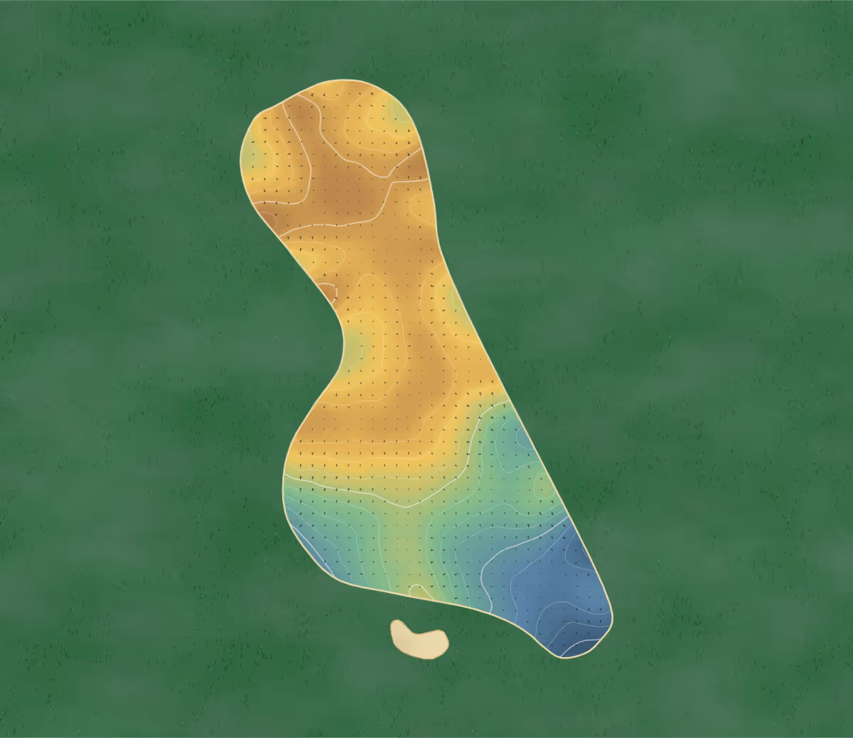 Green contour map of Golfuture YYC in Canada: 14 elevation contours at a 8-centimeter interval with fall-line arrows, traced from 1-meter lidar