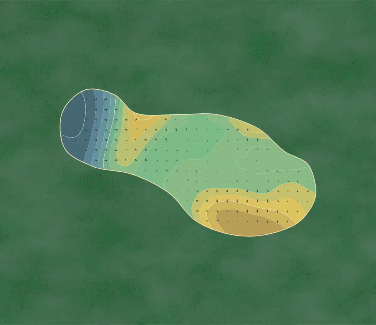 Green contour map of Golfvereniging in NP Evertsoord, Netherlands — 156 elevation contours at a 8-centimeter interval with fall-line arrows, traced from 1-meter lidar