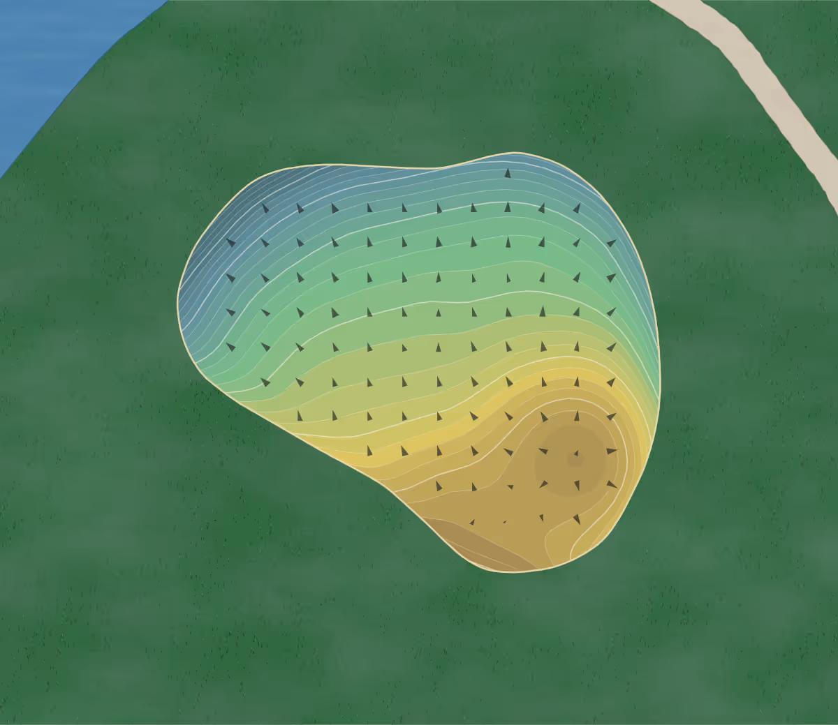 Green contour map of Goodyear GC in Danville, Virginia — 400 elevation contours at a 3-inch interval with fall-line arrows, traced from 1-meter lidar