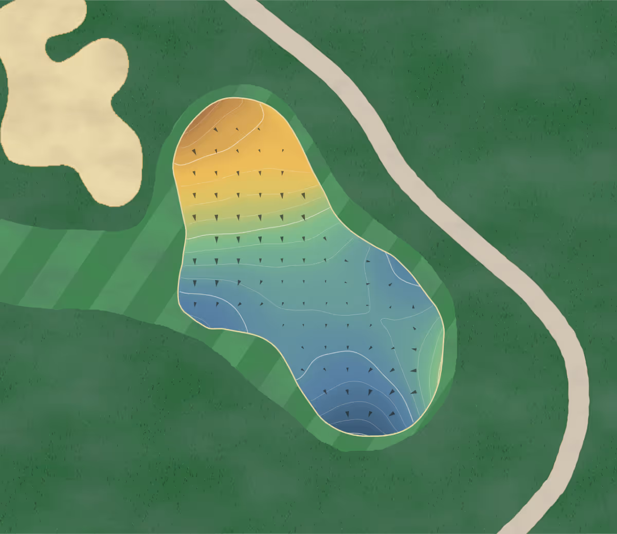 Green contour map of Governors Club, The in Middle Tennessee, Tennessee — 197 elevation contours at a 3-inch interval with fall-line arrows, traced from 1-meter lidar