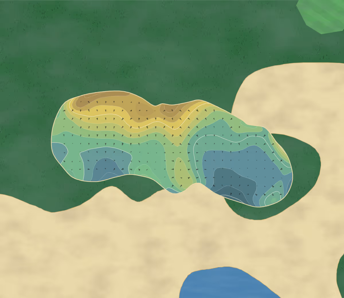 Green contour map of Goyer in MP Eemnes, Netherlands — 245 elevation contours at a 8-centimeter interval with fall-line arrows, traced from 1-meter lidar