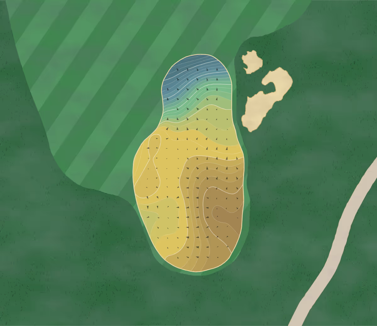Green contour map of Gozzer Ranch in Harrison, Idaho — 301 elevation contours at a 3-inch interval with fall-line arrows, traced from 1-meter lidar