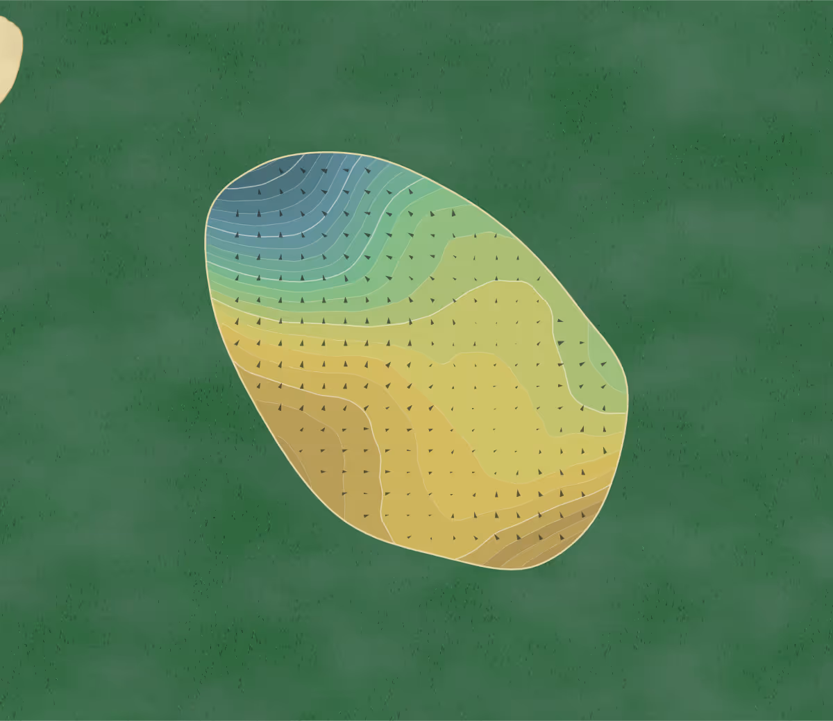 Green contour map of Grønmo Golfklubb in Sørliveien 160, Norway — 124 elevation contours at a 8-centimeter interval with fall-line arrows, traced from 1-meter lidar