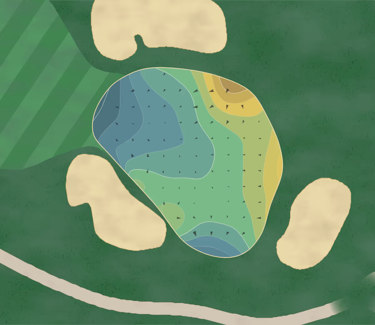 Green contour map of GCU Golf Course in Phoenix, Arizona — 198 elevation contours at a 3-inch interval with fall-line arrows, traced from 1-meter lidar