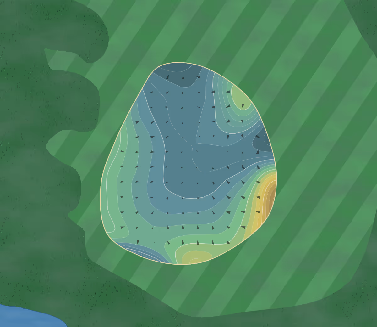 Green contour map of Grand Lake Estates in Montgomery, Texas — 157 elevation contours at a 3-inch interval with fall-line arrows, traced from 1-meter lidar