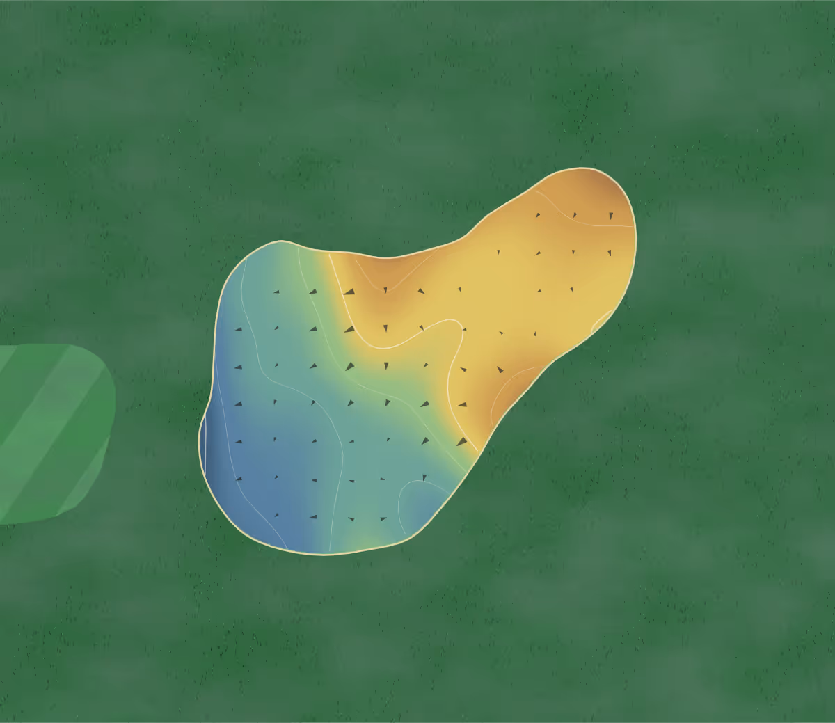 Green contour map of Grand Oak in West Harrison, Indiana: 6 elevation contours at a 3-inch interval with fall-line arrows, traced from 1-meter lidar