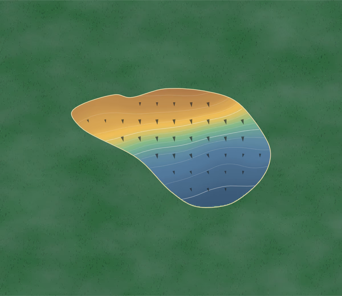 Green contour map of Grand Oaks in Grand Prairie, Texas: 111 elevation contours at a 3-inch interval with fall-line arrows, traced from 1-meter lidar