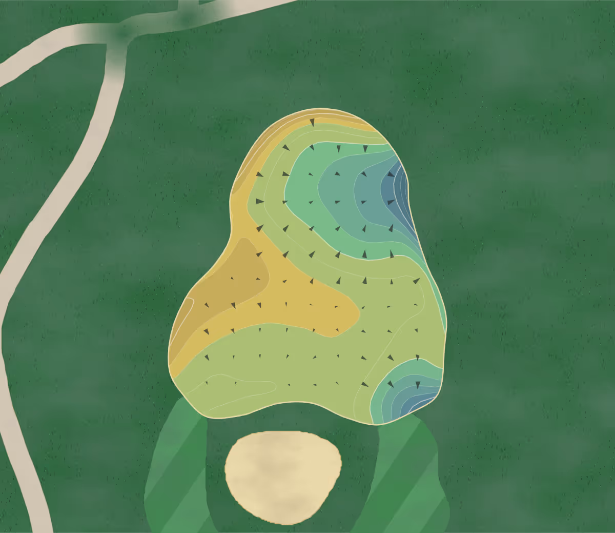 Green contour map of Grand Pines in Montgomery, Texas — 211 elevation contours at a 3-inch interval with fall-line arrows, traced from 1-meter lidar