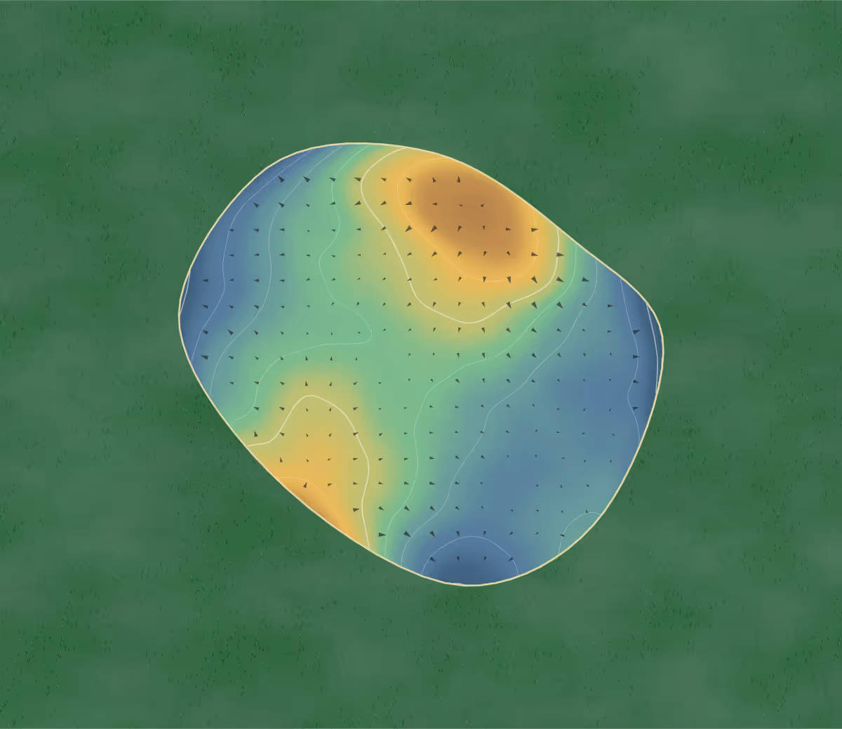 Green contour map of Grand Pines in Gimli, Canada: 7 elevation contours at a 8-centimeter interval with fall-line arrows, traced from 1-meter lidar