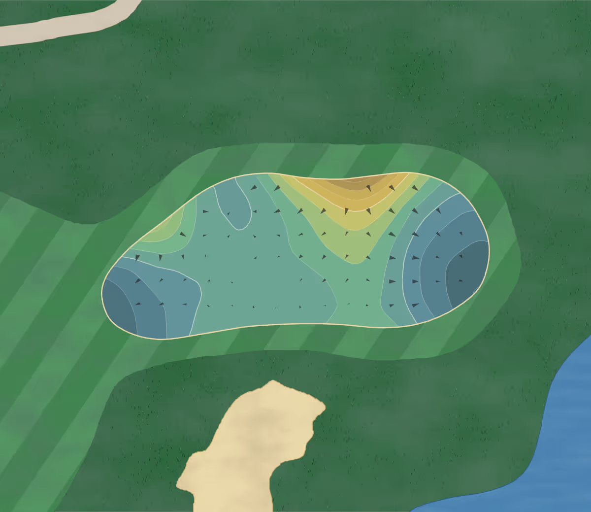 Green contour map of Grande Dunes Resort in Myrtle Beach, South Carolina — 186 elevation contours at a 3-inch interval with fall-line arrows, traced from 1-meter lidar